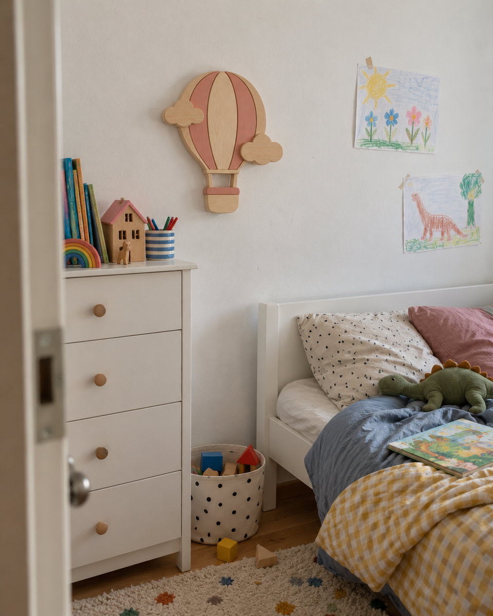 Mise en scène illustrative : lampe murale Montgolfière rose dans une chambre d'enfant avec lit et dessins