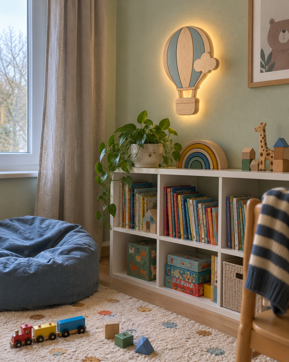 Mise en scène illustrative : lampe murale Montgolfière bleue dans un coin lecture vert doux