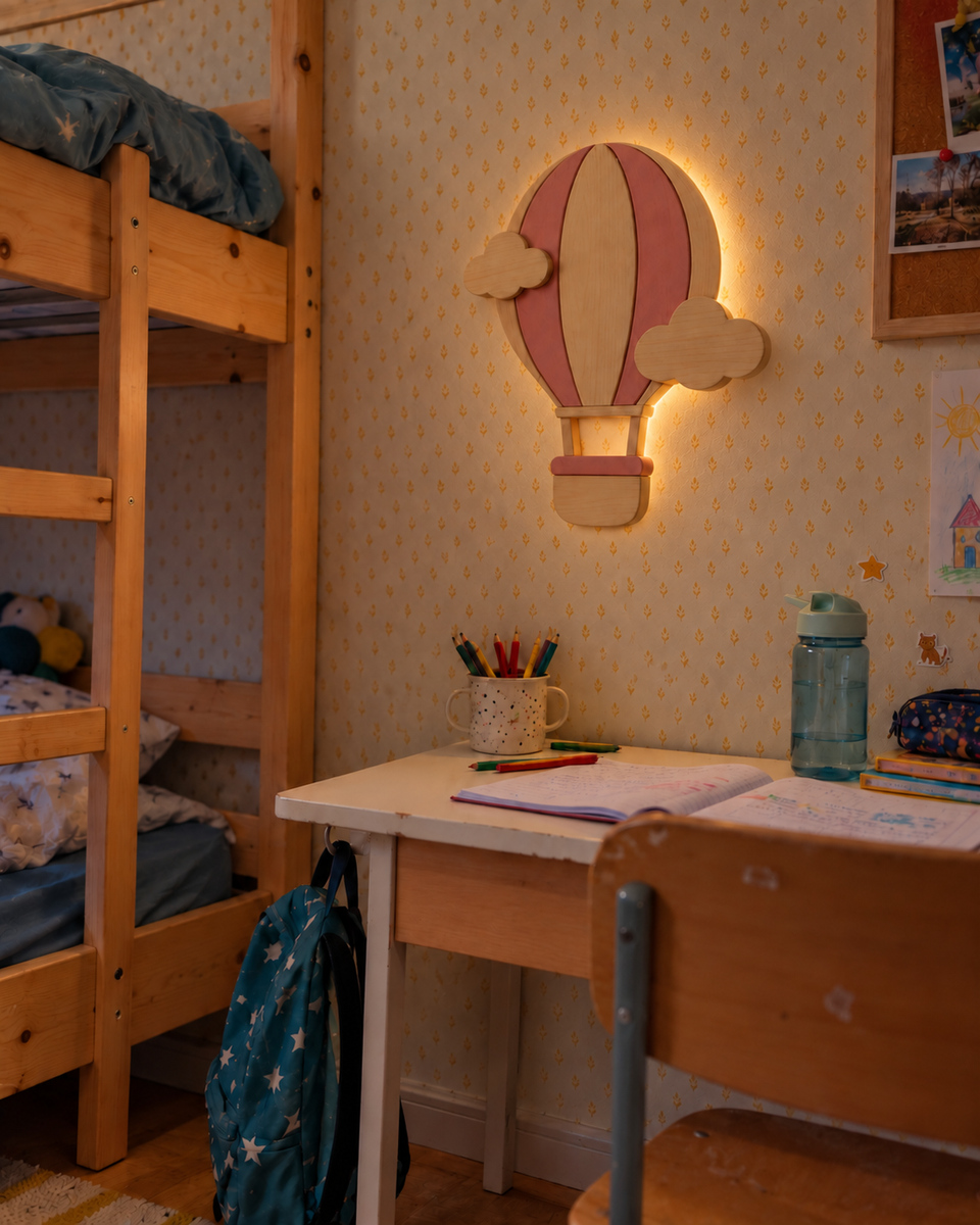 Mise en scène illustrative : lampe murale Montgolfière rose dans une chambre d'enfant avec lit superposé et bureau
