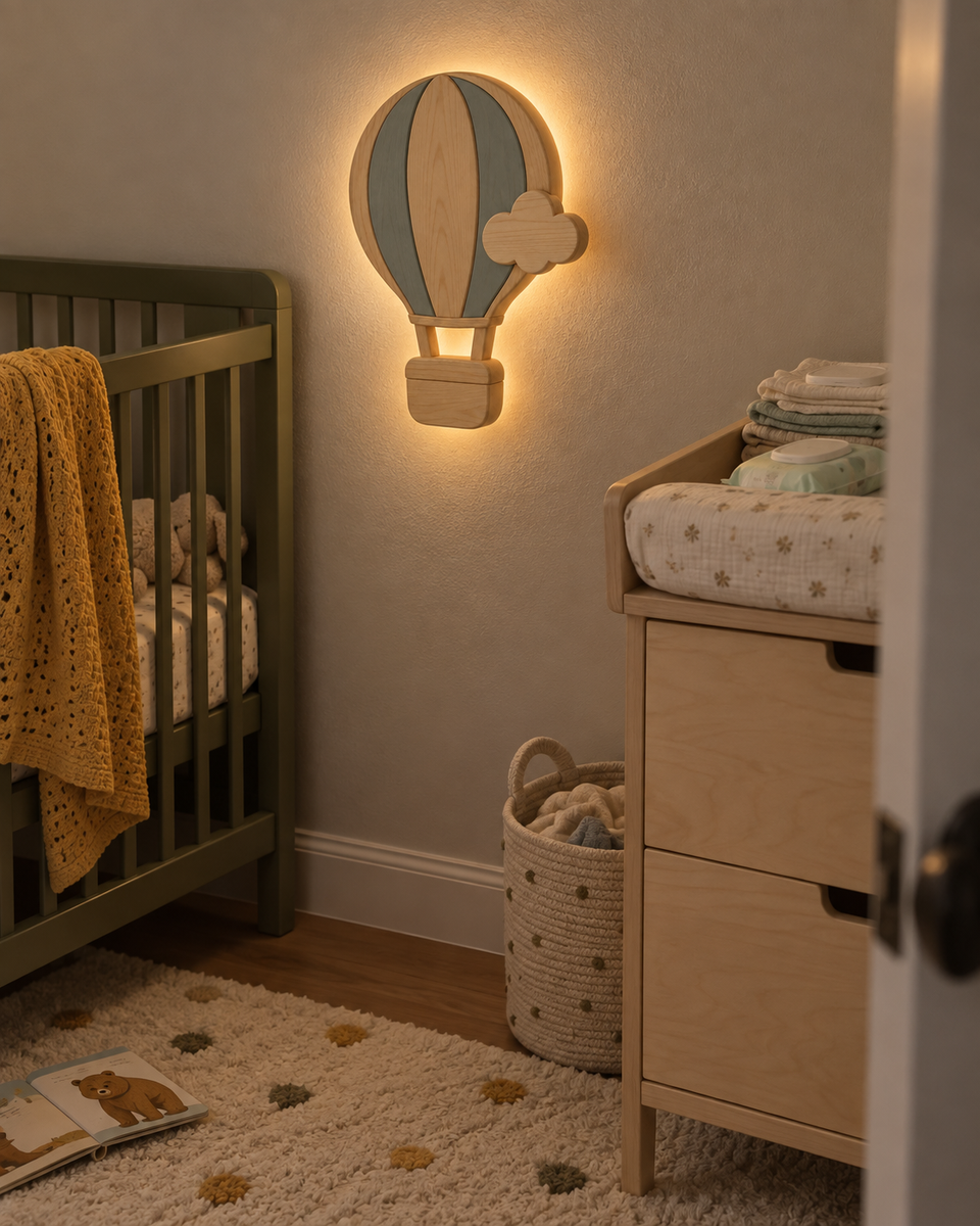 Mise en scène illustrative : lampe murale Montgolfière bleue dans une chambre de bébé avec berceau