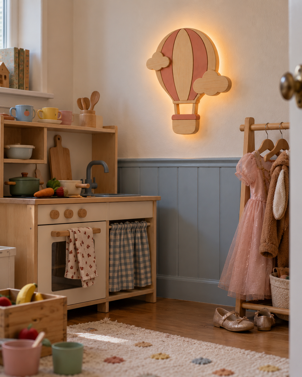 Mise en scène illustrative : lampe murale Montgolfière rose dans un coin jeux avec petite cuisine
