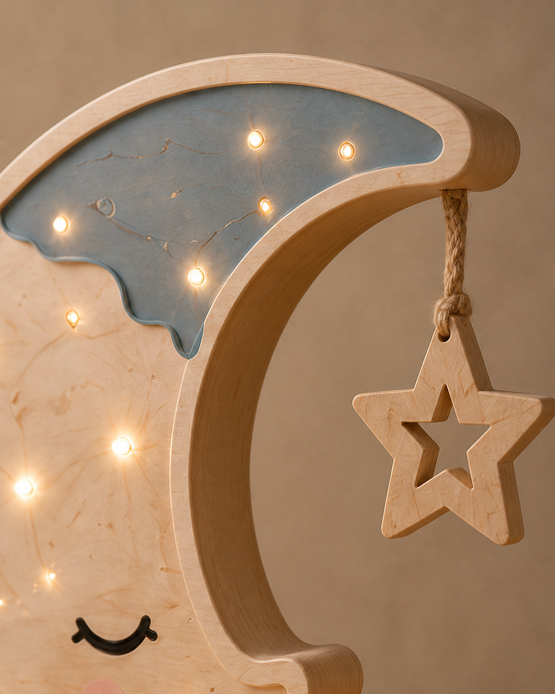 Lampe Lune ORAWOOD, détail du bois, de la finition bleue et de l’éclairage LED