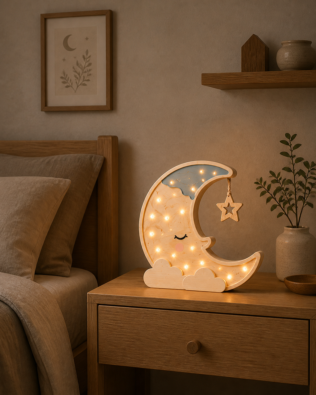 Lampe Lune ORAWOOD allumée sur une table de chevet dans une chambre