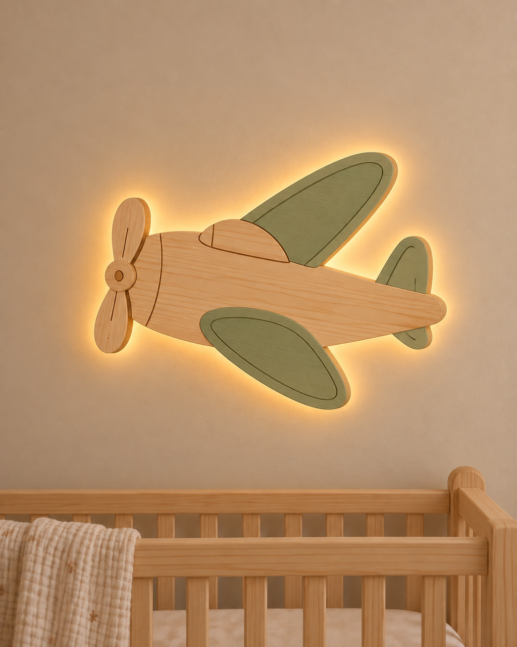 Visualisation illustrative de la lampe Avion murale ORAWOOD avec halo lumineux arrière