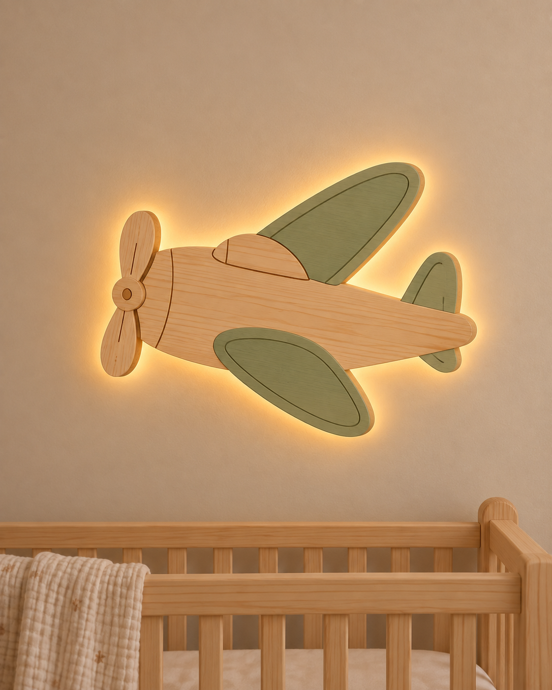 Visualisation illustrative de la lampe Avion murale ORAWOOD avec halo lumineux arrière
