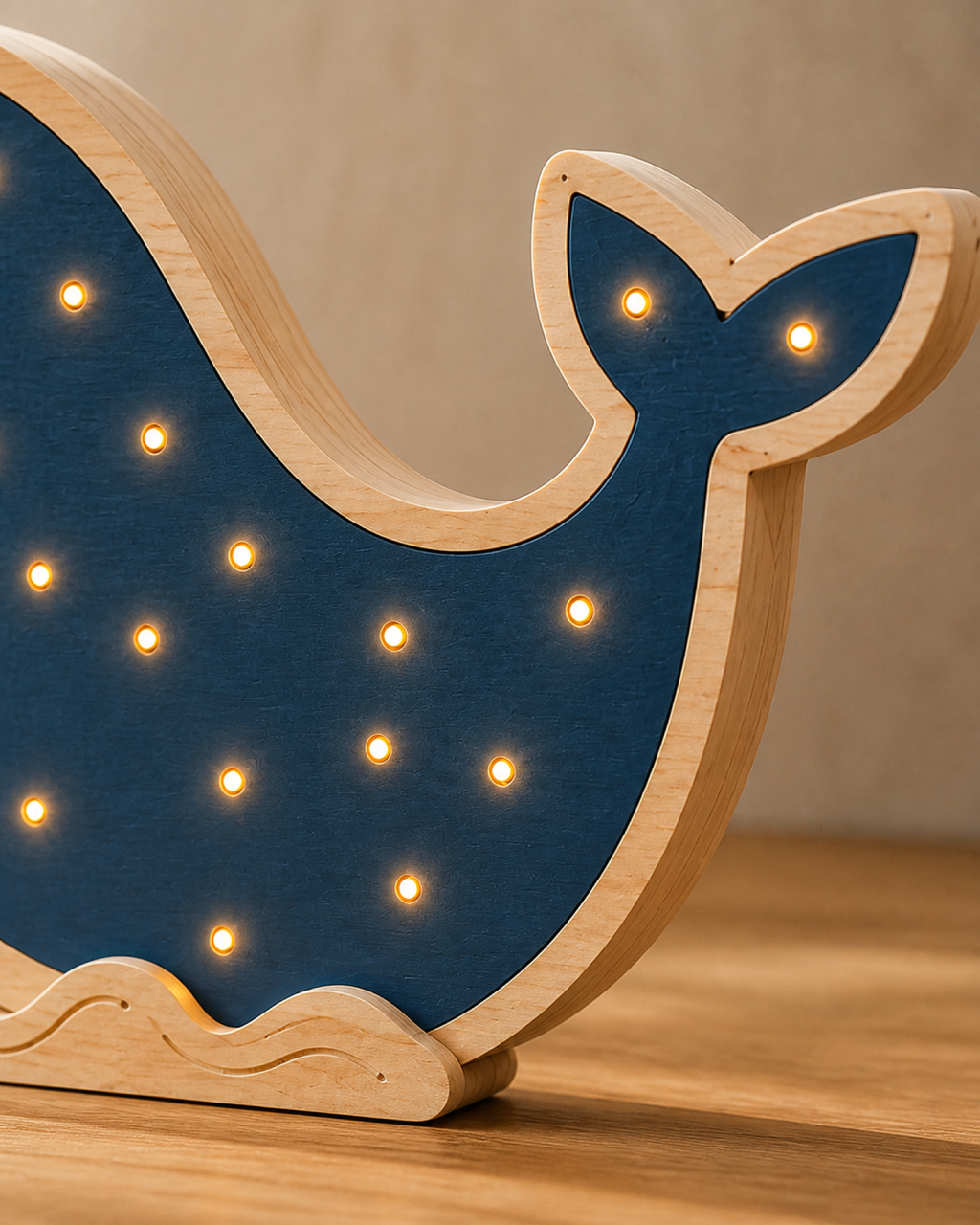 Détail de la queue, du chant en bois et du socle sculpté en vagues de la lampe Baleine ORAWOOD