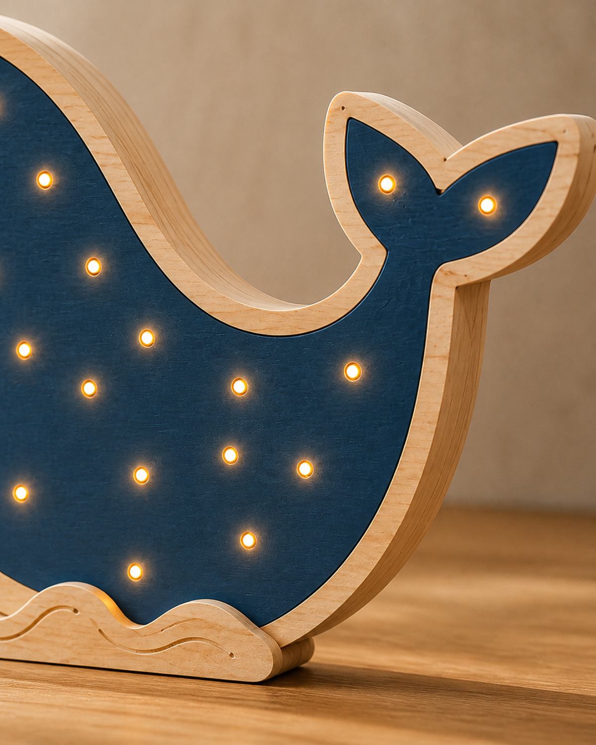 Détail de la queue, du chant en bois et du socle sculpté en vagues de la lampe Baleine ORAWOOD