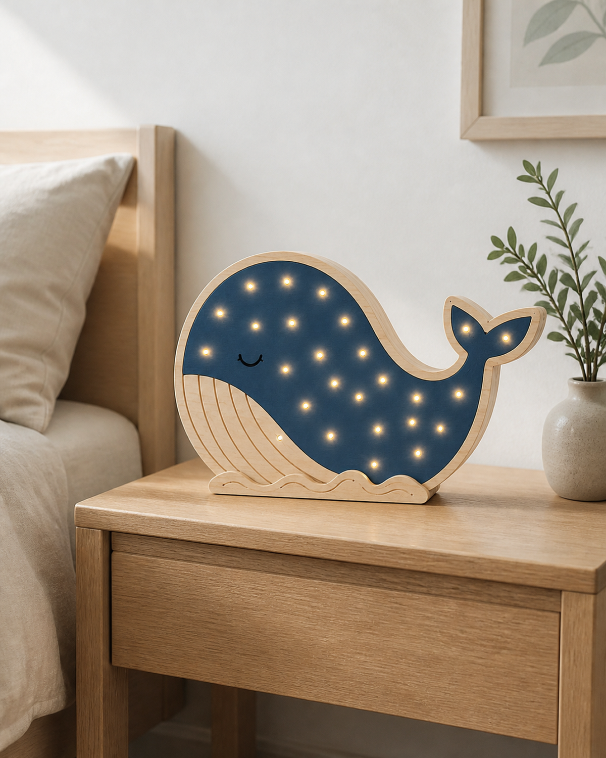 Lampe Baleine ORAWOOD allumée dans une chambre d’enfant lumineuse