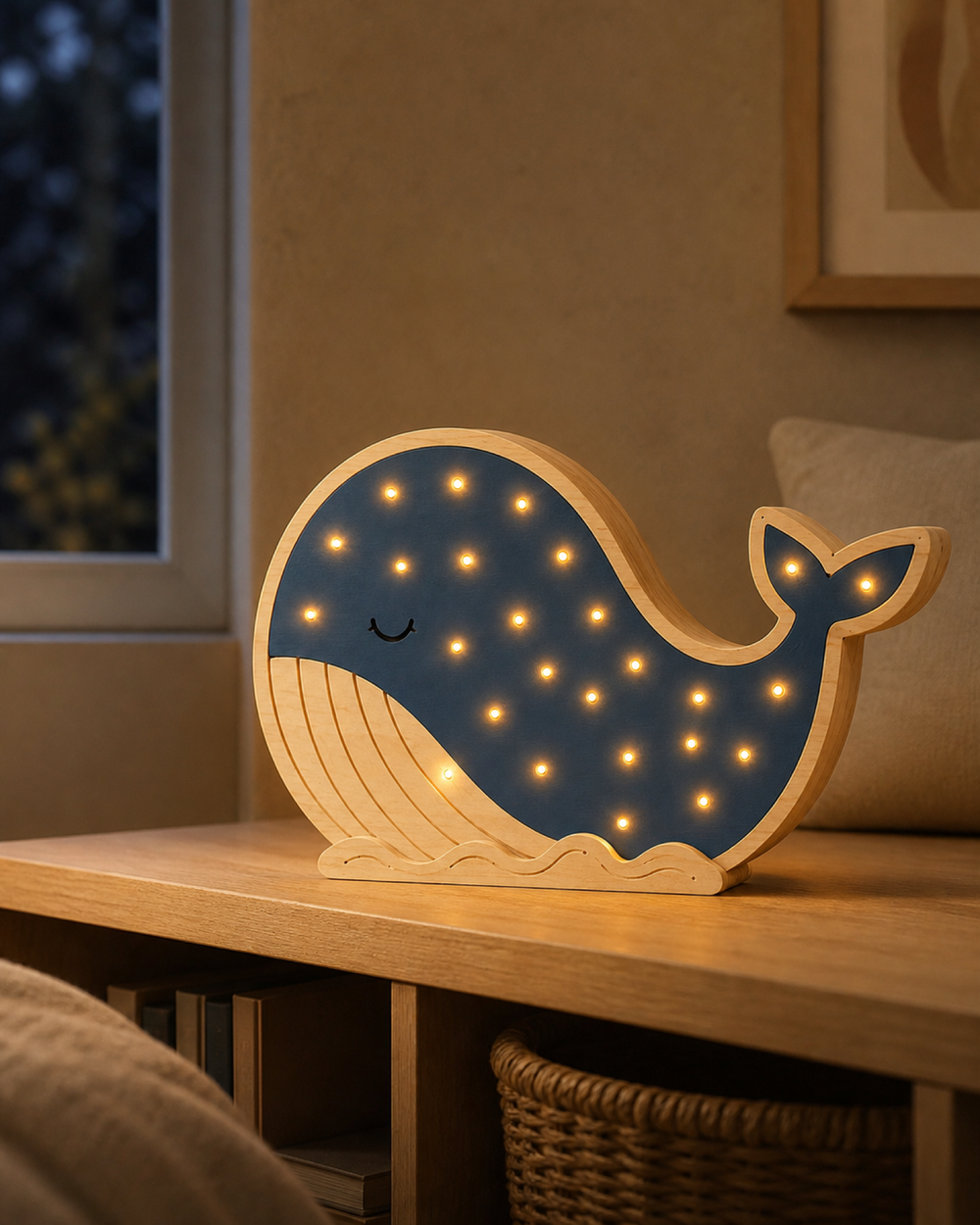 Lampe Baleine ORAWOOD allumée dans une chambre d’enfant en soirée