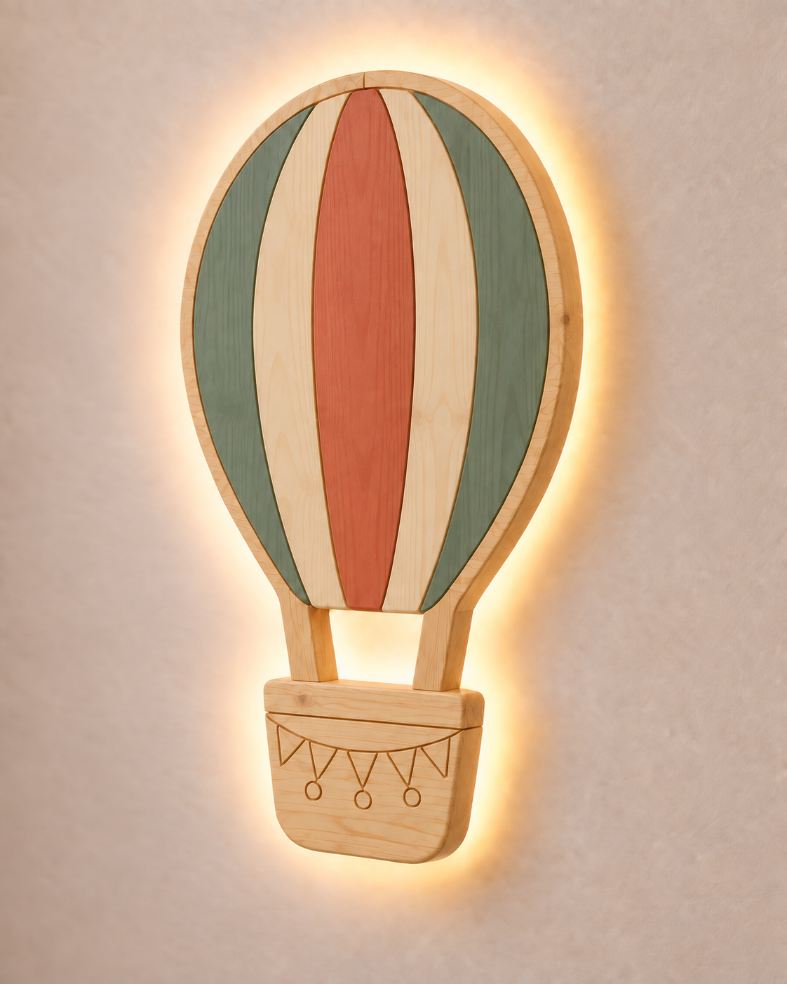 Visualisation de la lampe Montgolfière murale ORAWOOD, modèle classique en pin avec halo arrière