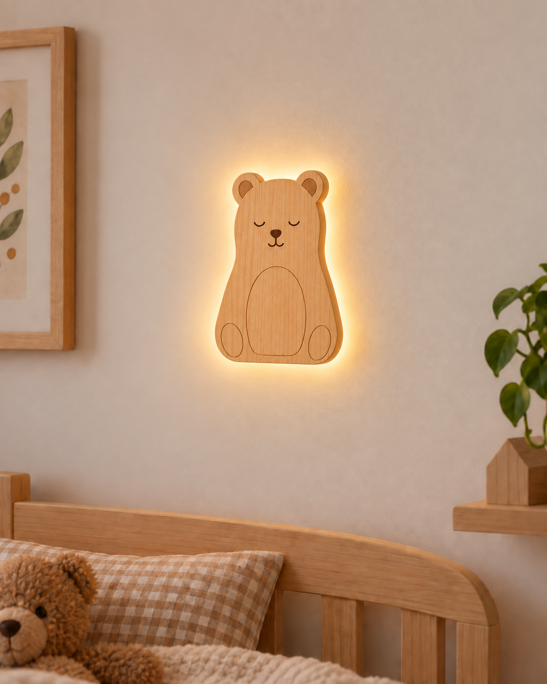 Visualisation illustrative de la lampe Ours murale ORAWOOD avec halo lumineux arrière
