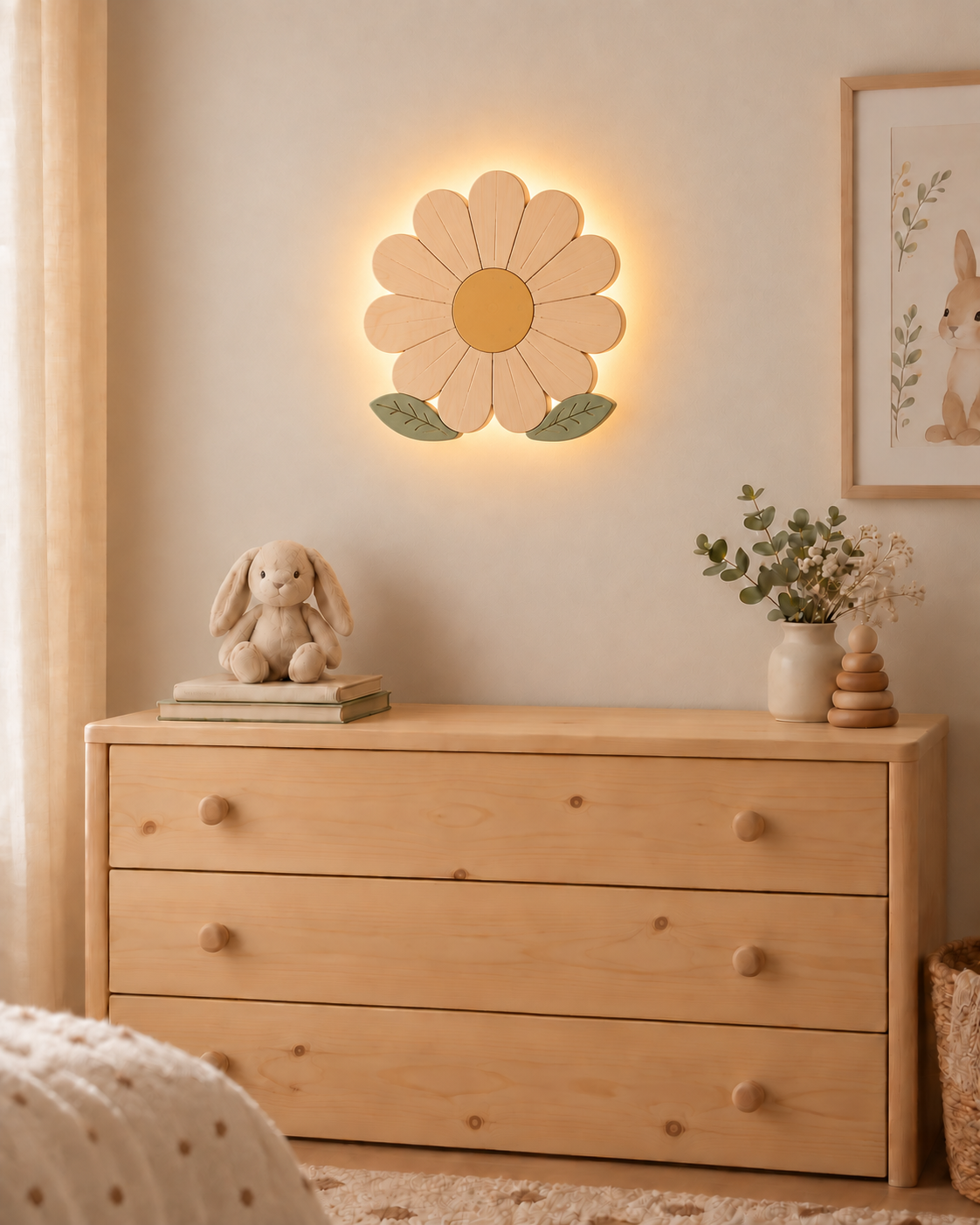 Visualisation illustrative de la lampe Marguerite murale ORAWOOD avec halo lumineux arrière