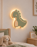 Visualisation illustrative de la lampe Dinosaure murale ORAWOOD avec halo lumineux arrière