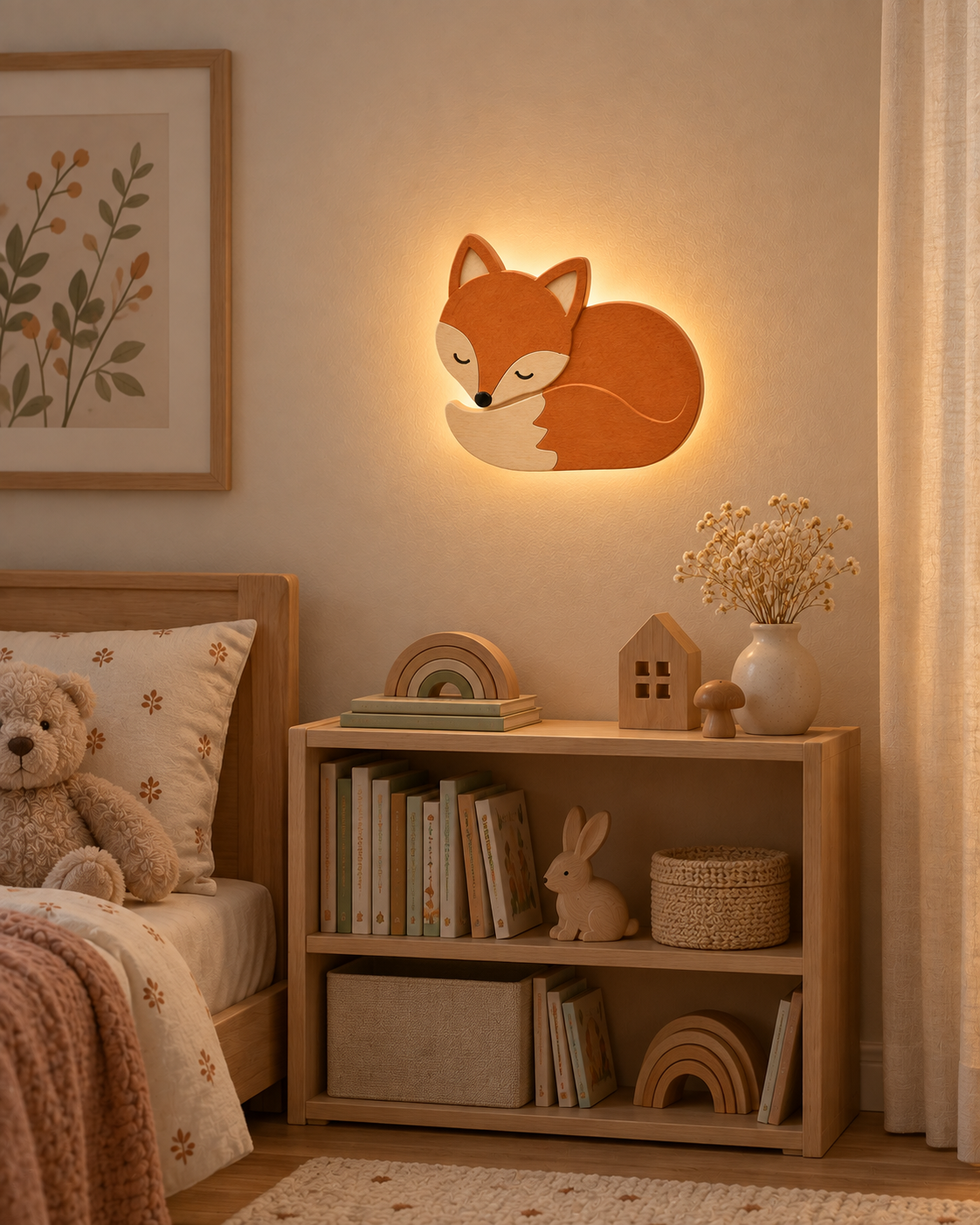 Visualisation illustrative de la lampe Renard murale ORAWOOD avec halo lumineux arrière
