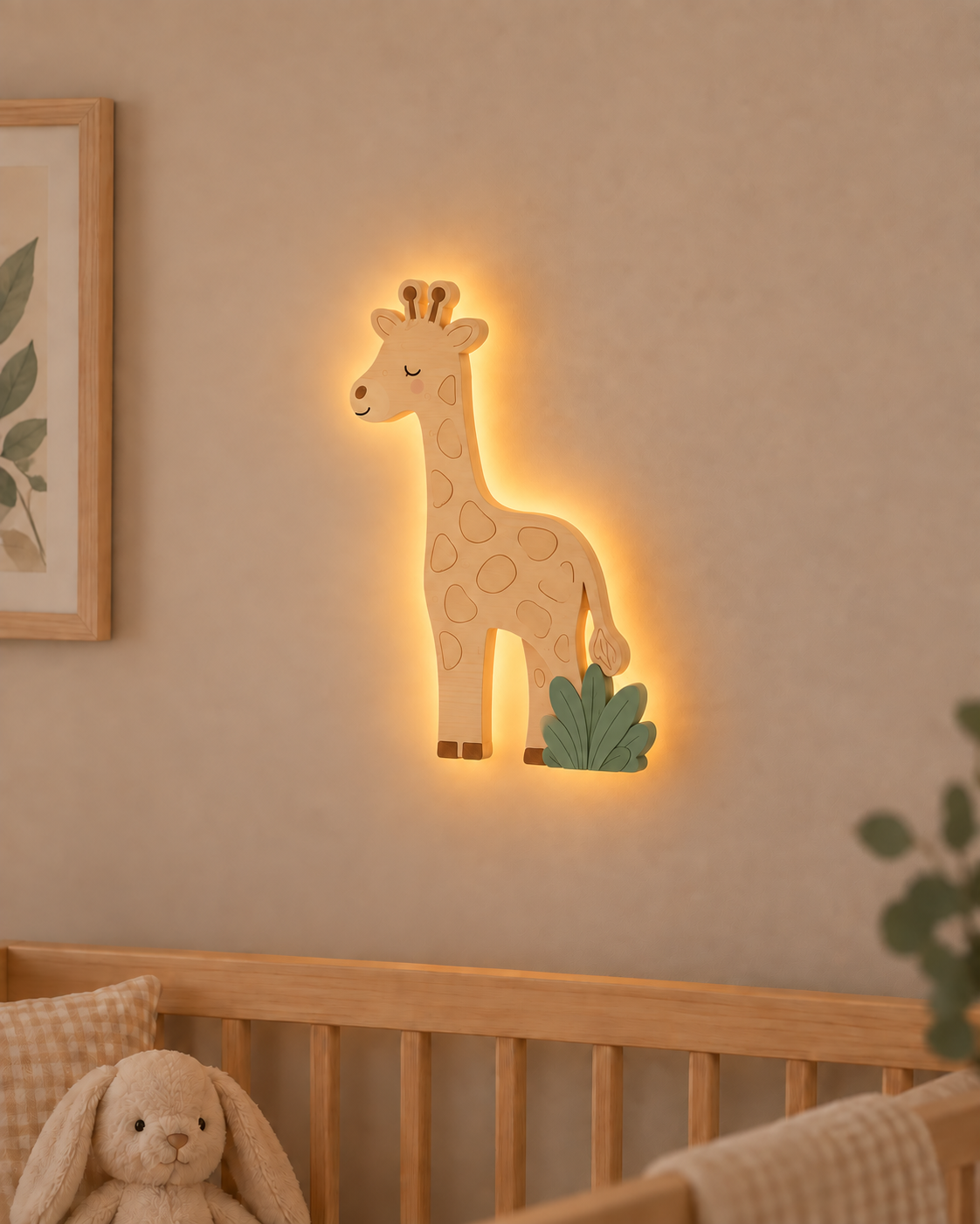 Visualisation illustrative de la lampe Girafe murale ORAWOOD avec halo lumineux arrière