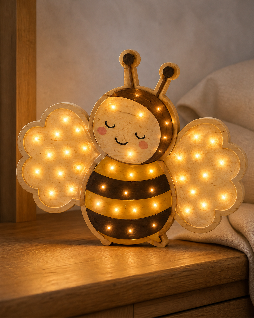 Lampe Abeille ORAWOOD, allumée dans une ambiance de chambre au crépuscule