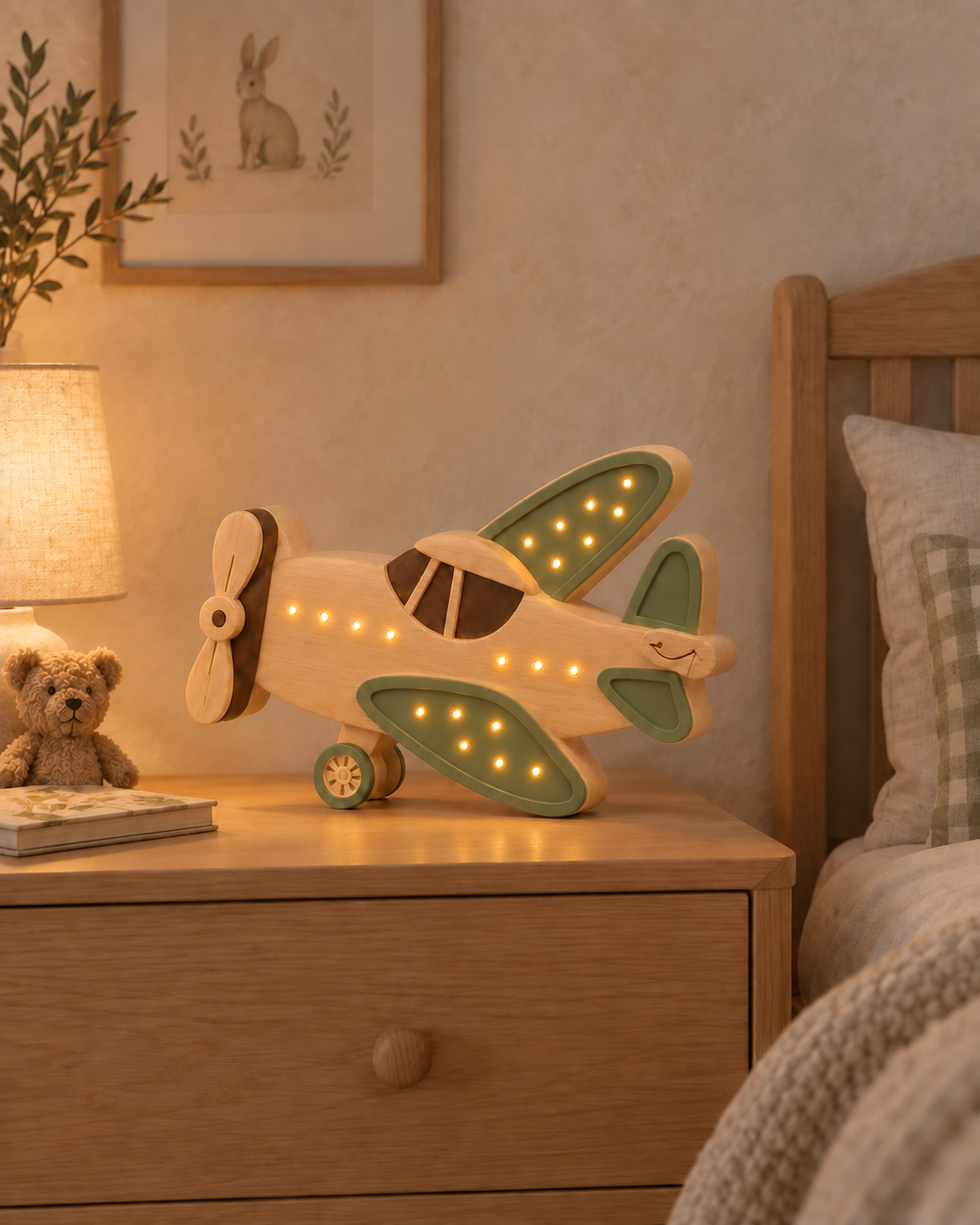 Lampe Avion ORAWOOD allumée dans une chambre d’enfant en soirée