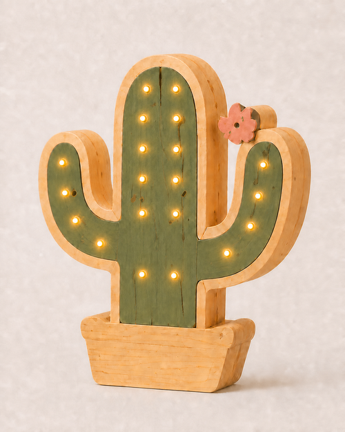 Lampe veilleuse Cactus ORAWOOD en pin massif, allumée
