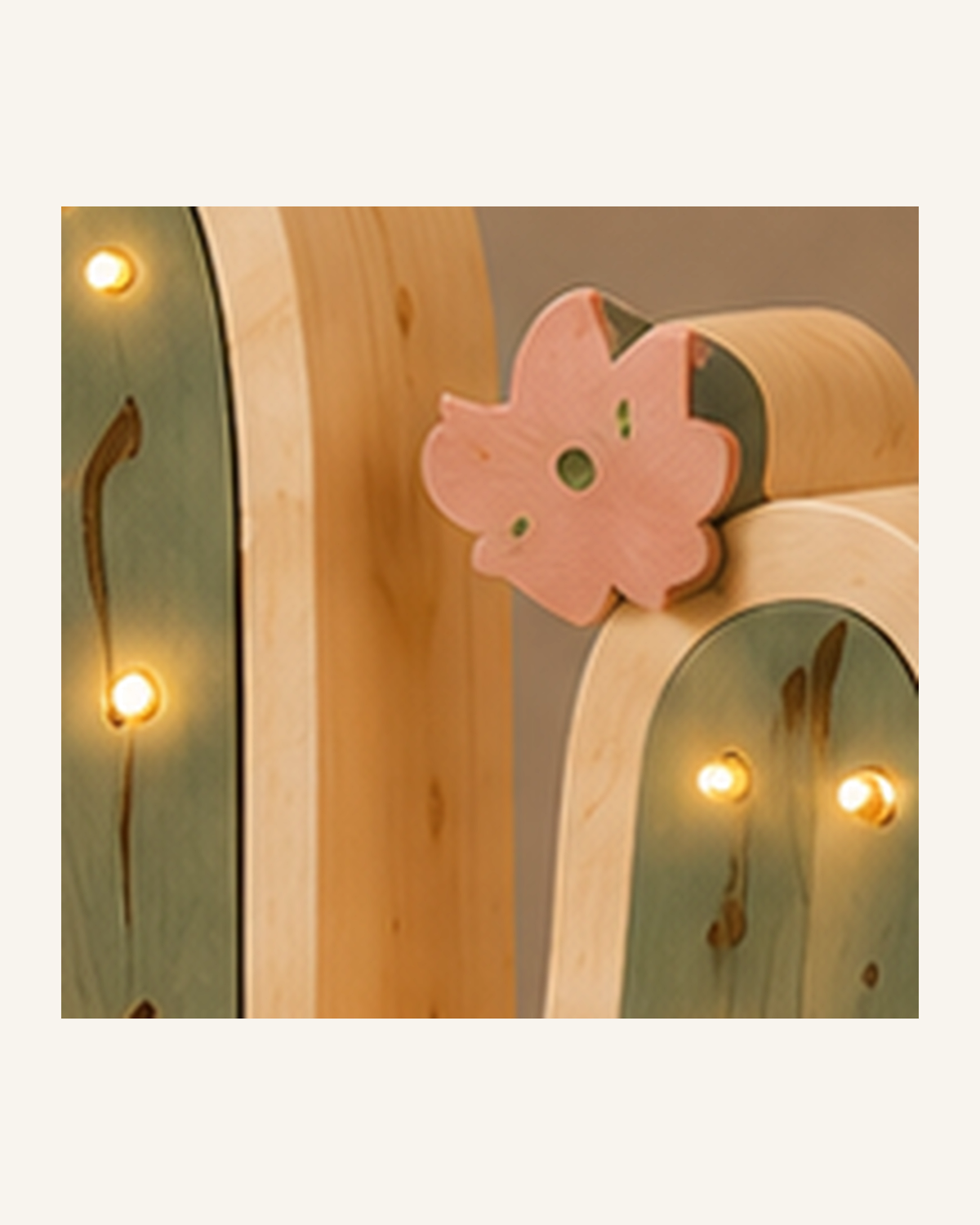 ORAWOOD Cactus solid pine night light, close-up of the natural wood grain and finish