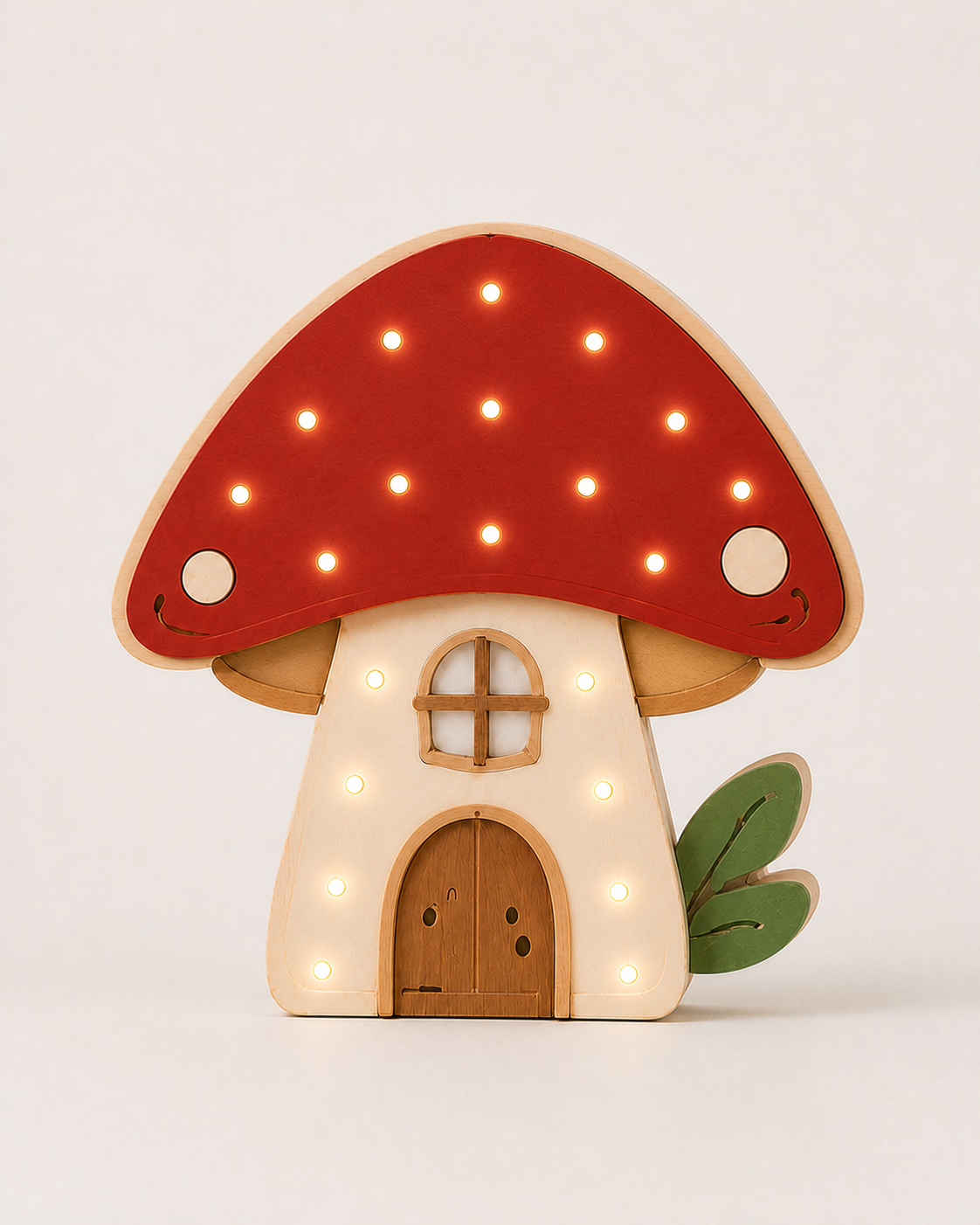Lampe veilleuse Champignon ORAWOOD en pin massif, allumée