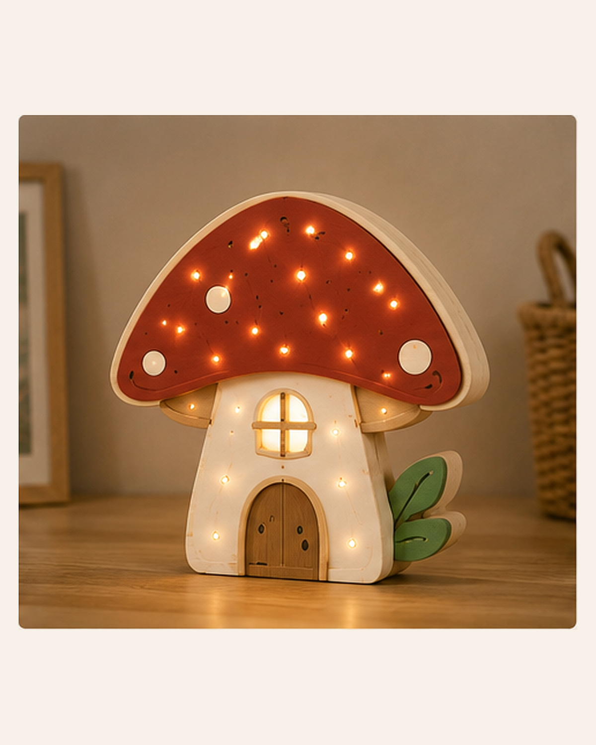 Lampe Champignon ORAWOOD allumée, vue principale dans un intérieur chaleureux