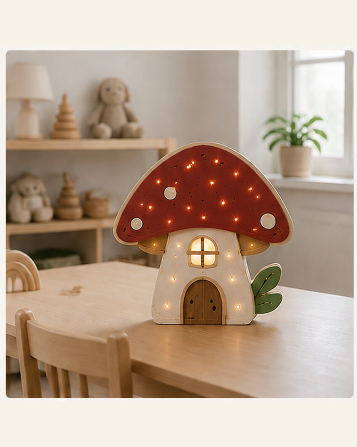 Lampe Champignon ORAWOOD, à poser sur un meuble dans une chambre lumineuse
