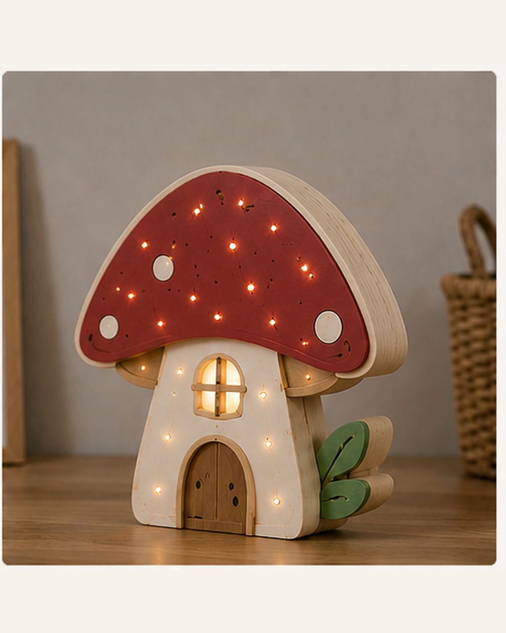 Lampe Champignon ORAWOOD, vue trois-quarts montrant son épaisseur