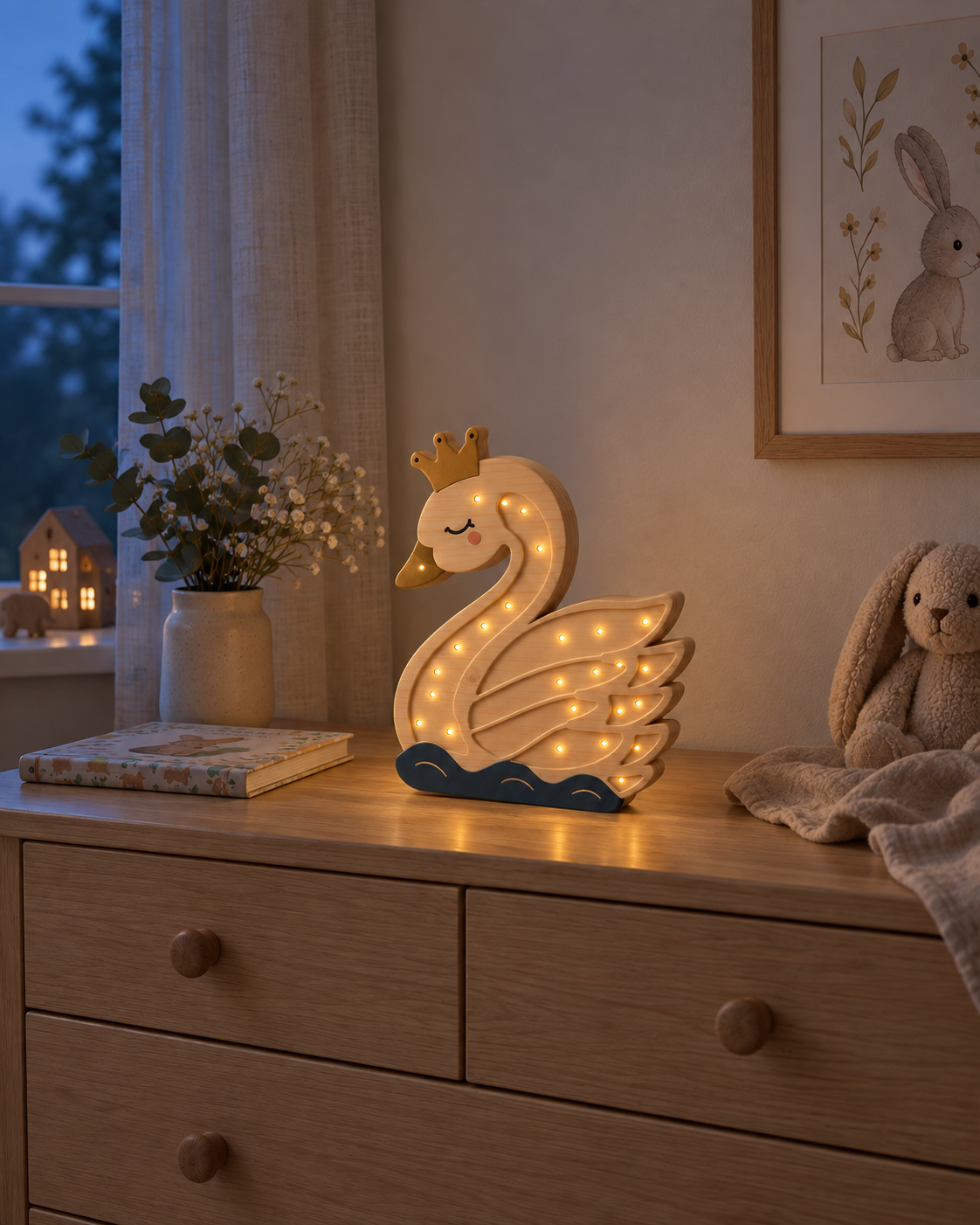 Lampe ORAWOOD allumée dans une chambre d’enfant à la lumière du jour