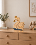 Lampe Cygne ORAWOOD à poser, format réel 27 × 30 cm et points LED blanc chaud en façade