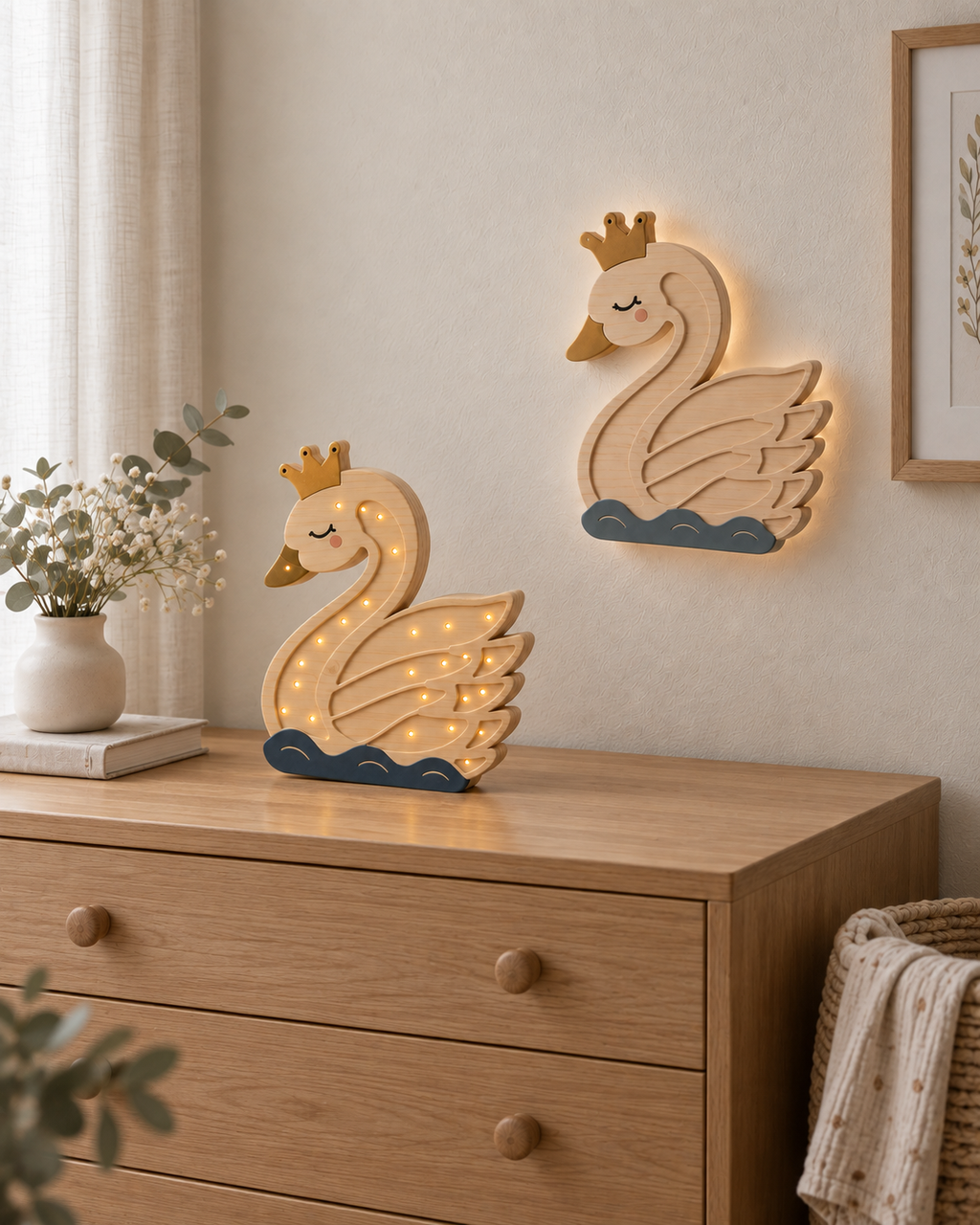 Comparaison de la lampe Cygne ORAWOOD à poser avec points LED et de la version murale sans points LED