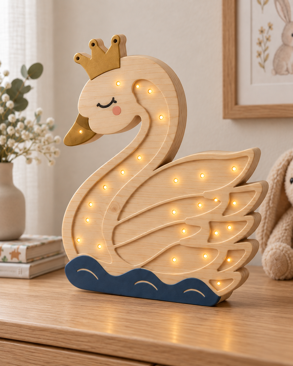 Détail du pin massif et des points LED blanc chaud de la lampe Cygne ORAWOOD à poser