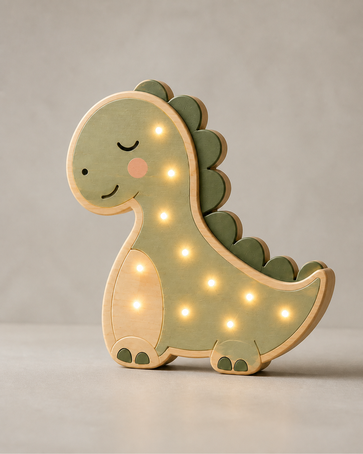 Lampe Dinosaure ORAWOOD, vue trois-quarts allumée