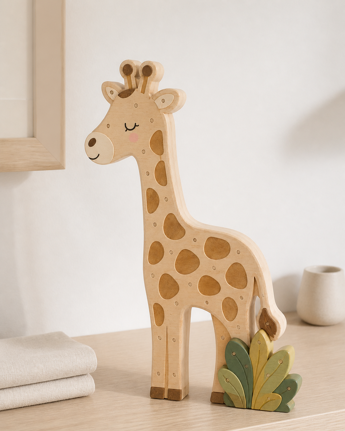 Lampe Girafe ORAWOOD, posée sur un meuble en lumière naturelle
