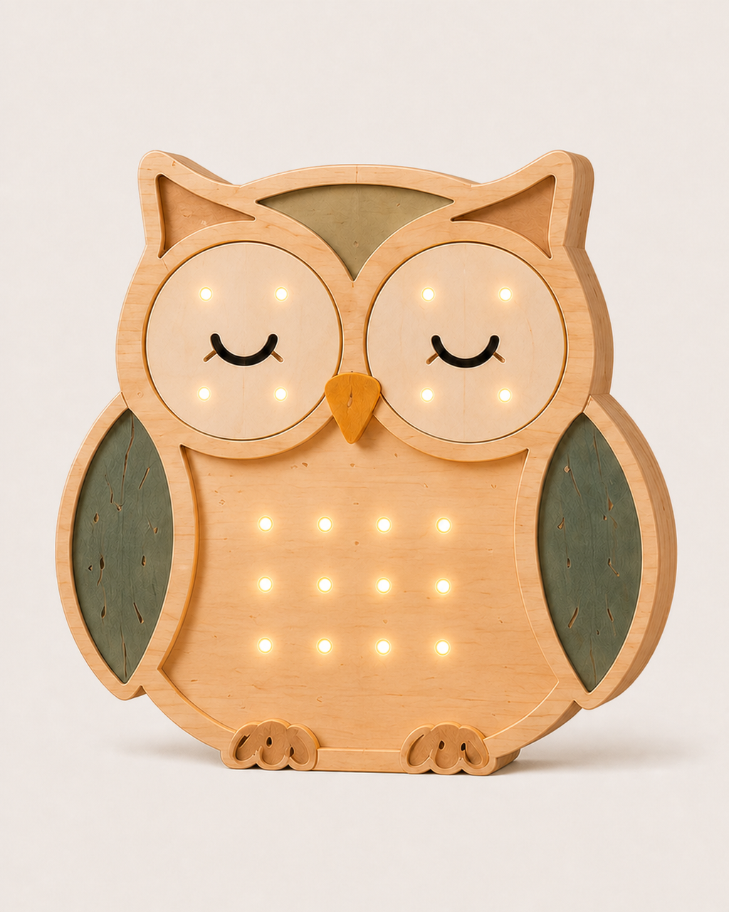 Lampe veilleuse Hibou ORAWOOD en pin massif, allumée