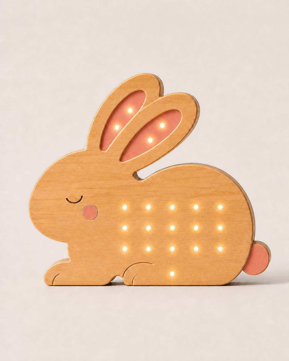 Lampe veilleuse Lapin ORAWOOD en pin massif, allumée