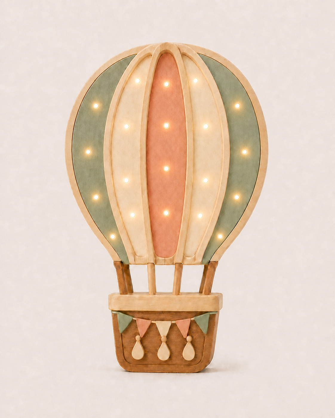 Lampe veilleuse Montgolfière ORAWOOD en pin massif, allumée