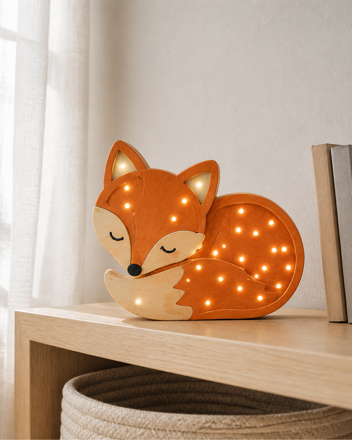 Lampe Renard ORAWOOD, allumée sur une étagère en lumière naturelle