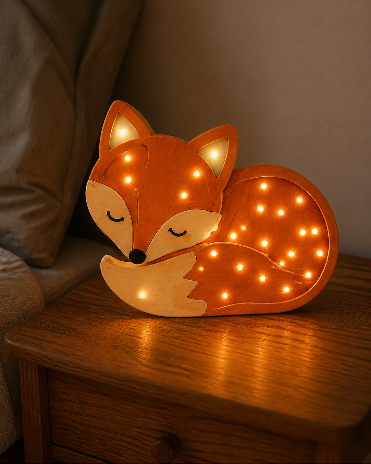 Lampe Renard ORAWOOD, allumée sur une table de chevet au crépuscule