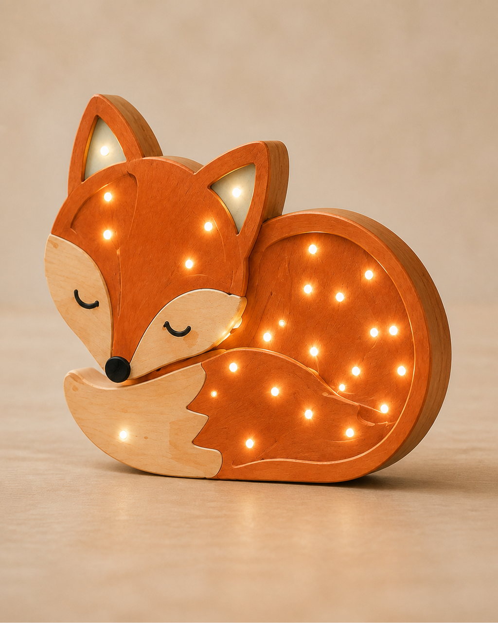 Lampe Renard ORAWOOD, vue trois-quarts allumée montrant le chant de 3 cm
