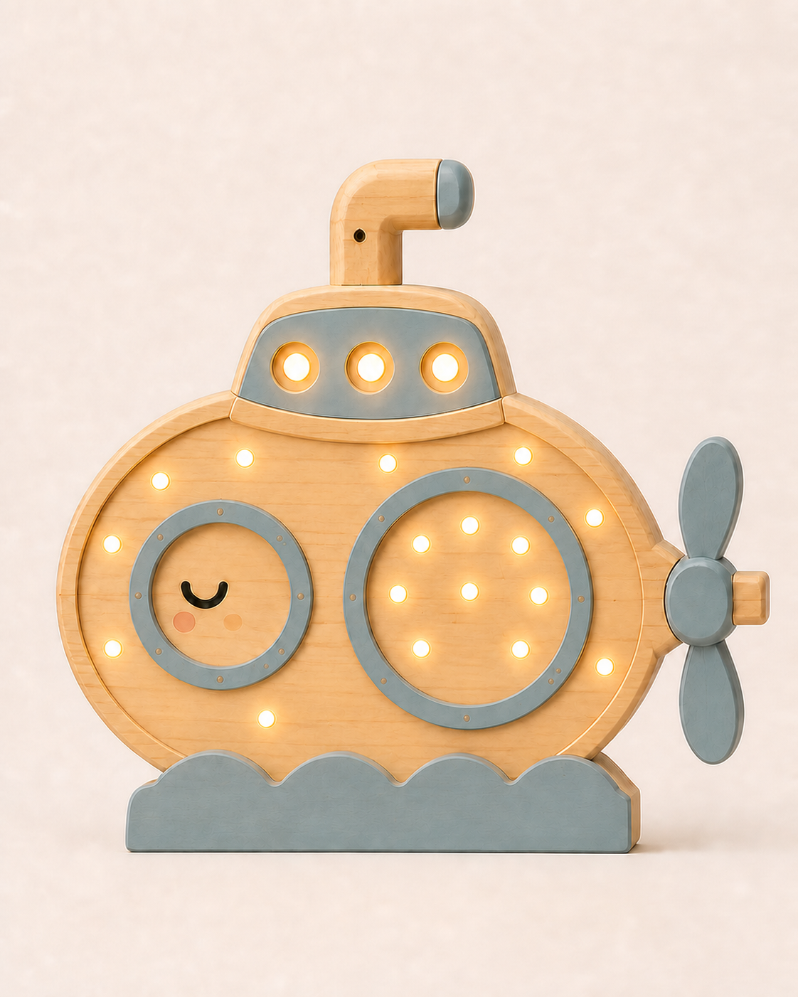 Lampe veilleuse Sous-marin ORAWOOD en pin massif, allumée