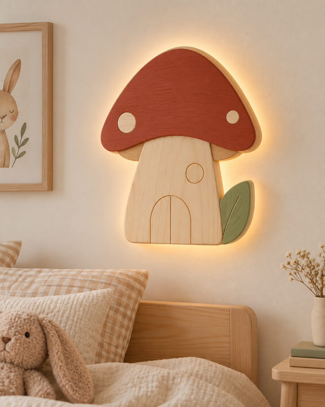 Visualisation illustrative de la lampe Champignon murale ORAWOOD avec halo lumineux arrière
