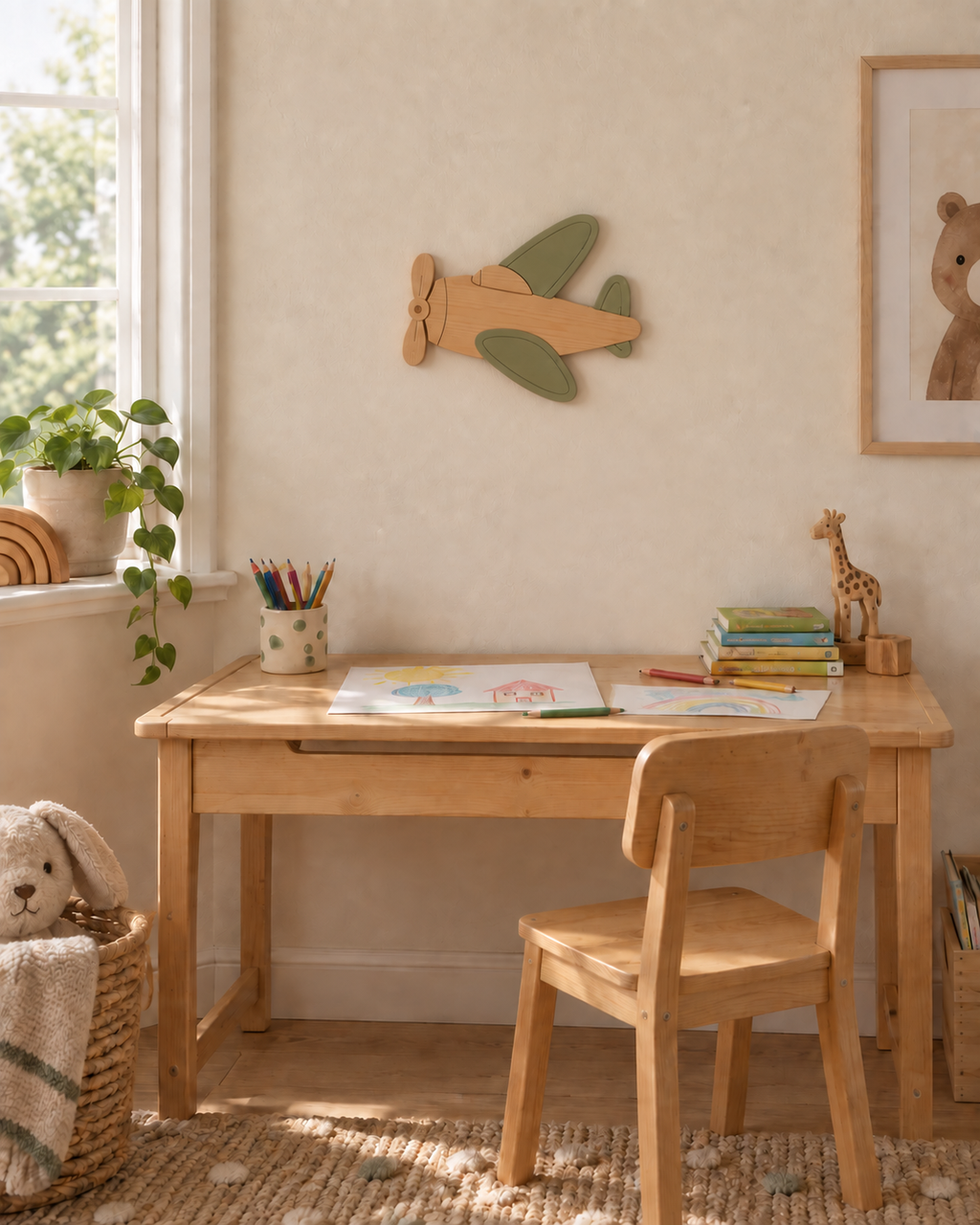ORAWOOD airplane wall-light 30x22 display detail 2026-09-28 1/5 — Lampe Avion murale, mise en scène illustrative : Chambre d’enfant, lampe éteinte, dimensions de présentation 30 × 22 cm