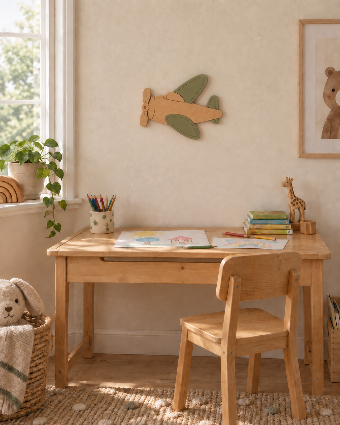 ORAWOOD airplane wall-light 30x22 display detail 2026-09-28 1/5 — Lampe Avion murale, mise en scène illustrative : Chambre d’enfant, lampe éteinte, dimensions de présentation 30 × 22 cm