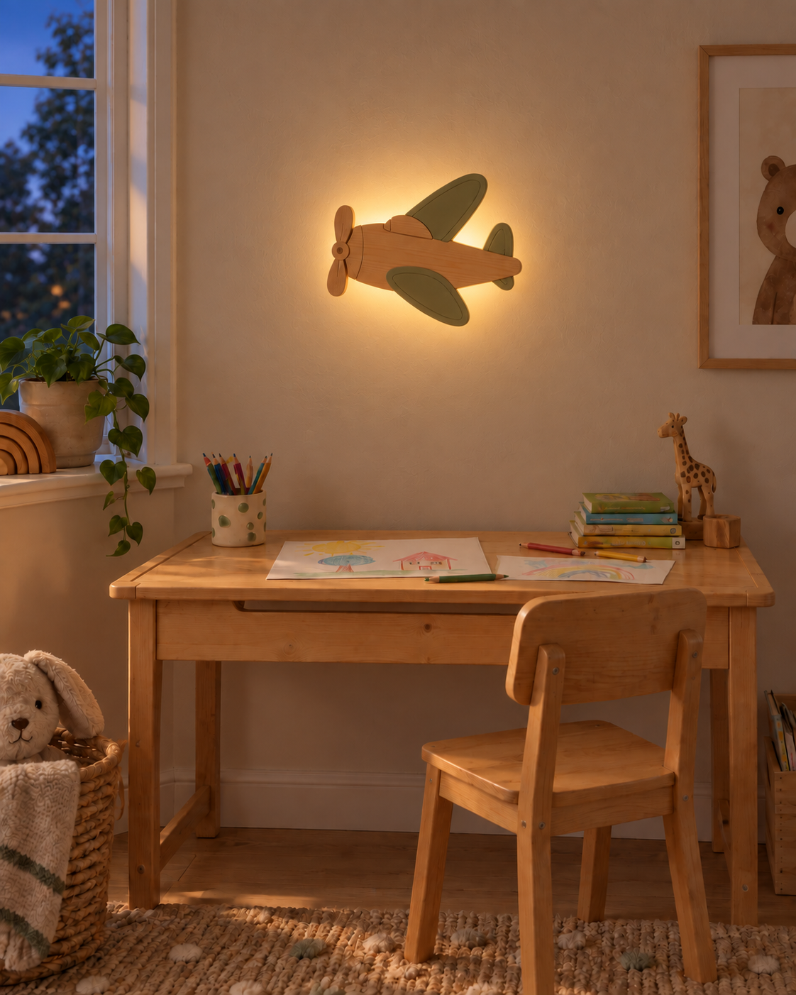 ORAWOOD airplane wall-light 30x22 display detail 2026-09-28 2/5 — Lampe Avion murale, mise en scène illustrative : Chambre d’enfant au crépuscule, halo arrière allumé, dimensions de présentation 30 × 22 cm