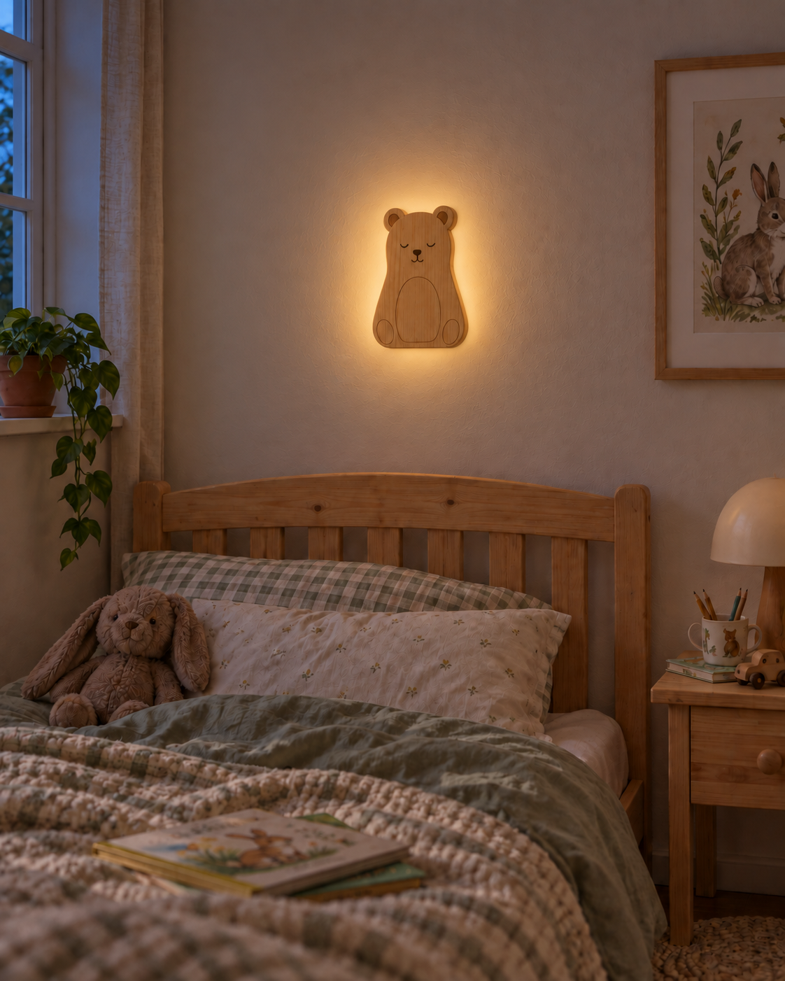 ORAWOOD bear wall-light 18x26 display detail 2026-09-29 2/5 — Lampe Ours murale, mise en scène illustrative : Chambre d’enfant au crépuscule, halo arrière allumé, dimensions de présentation 18 × 26 cm