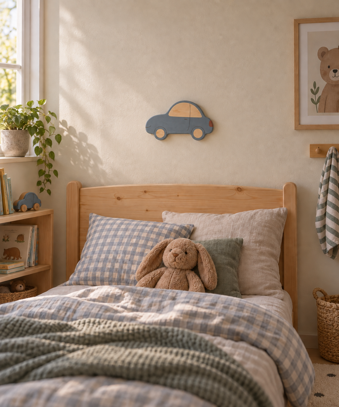 ORAWOOD car wall-light 30x19 display detail 2026-09-28 1/5 — Lampe Voiture murale, mise en scène illustrative : Chambre d’enfant, lampe éteinte, dimensions de présentation 30 × 19 cm
