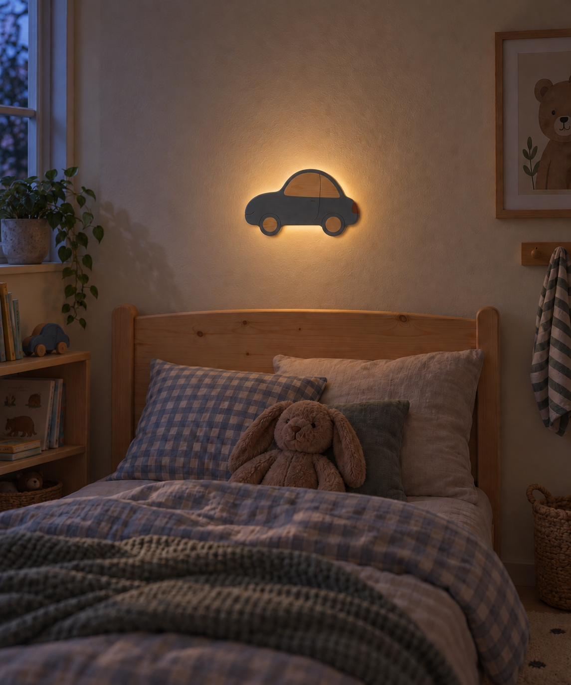 ORAWOOD car wall-light 30x19 display detail 2026-09-28 2/5 — Lampe Voiture murale, mise en scène illustrative : Chambre d’enfant au crépuscule, halo arrière allumé, dimensions de présentation 30 × 19 cm
