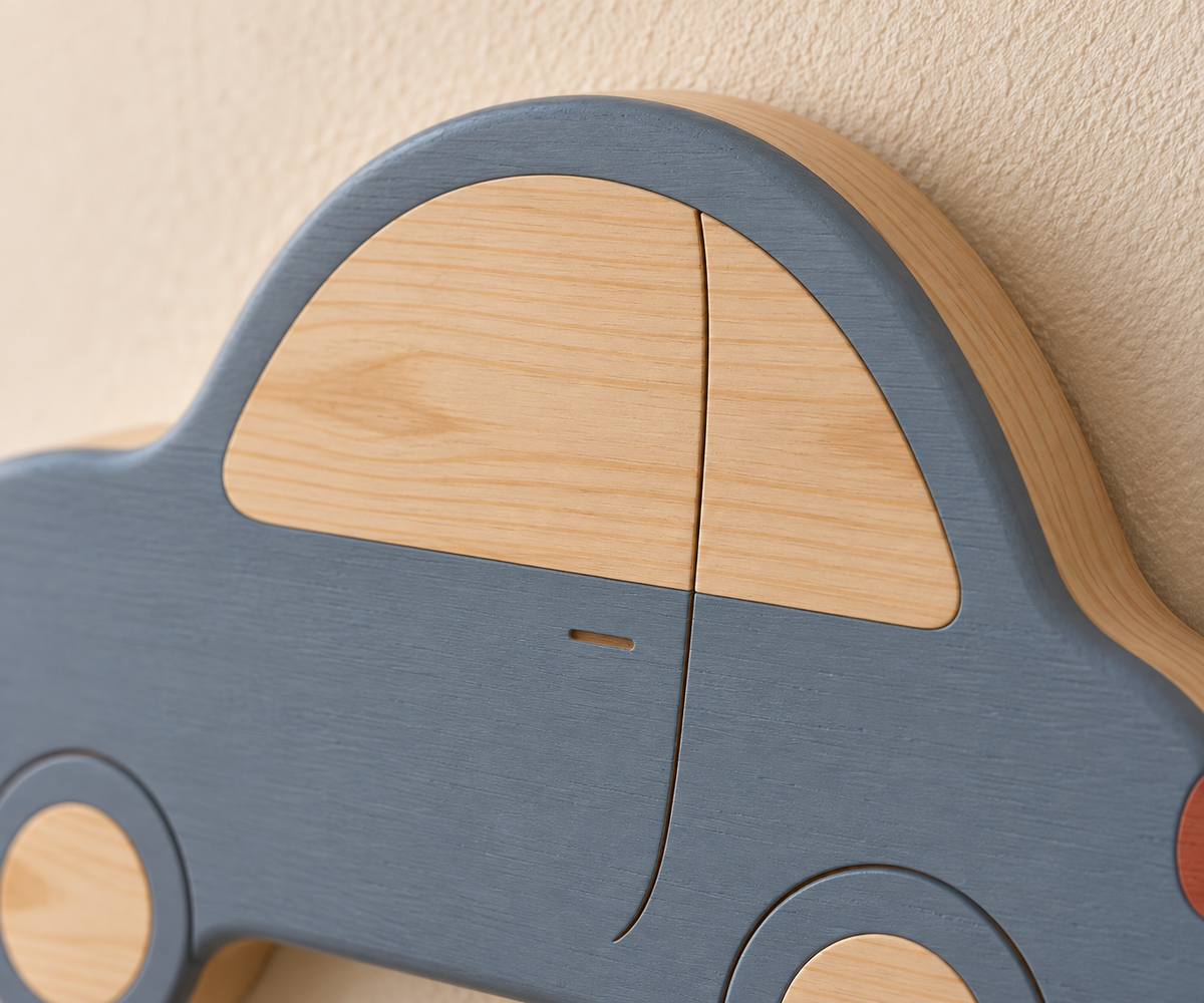 ORAWOOD car wall-light 30x19 display detail 2026-09-28 3/5 — Lampe Voiture murale, mise en scène illustrative : Gros plan illustratif du toit et de la fenêtre en pin