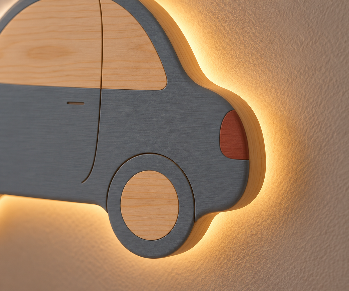 ORAWOOD car wall-light 30x19 display detail 2026-09-28 5/5 — Lampe Voiture murale, mise en scène illustrative : Gros plan illustratif de l’arrière et du halo indirect