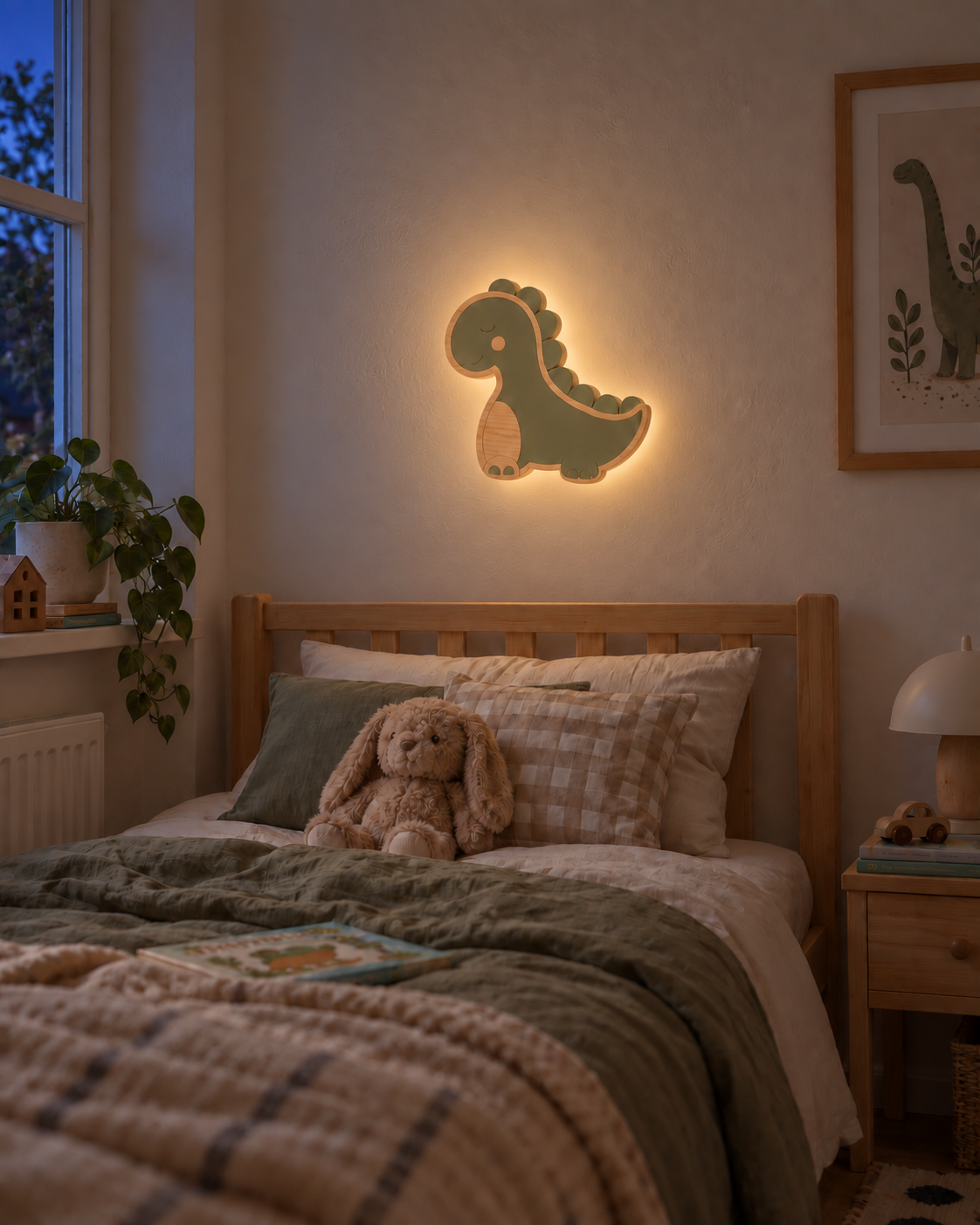 ORAWOOD dinosaur wall-light 30x28 display detail 2026-09-28 2/5 — Lampe Dinosaure murale, mise en scène illustrative : Chambre d’enfant au crépuscule, halo arrière allumé, dimensions de présentation 30 × 28 cm